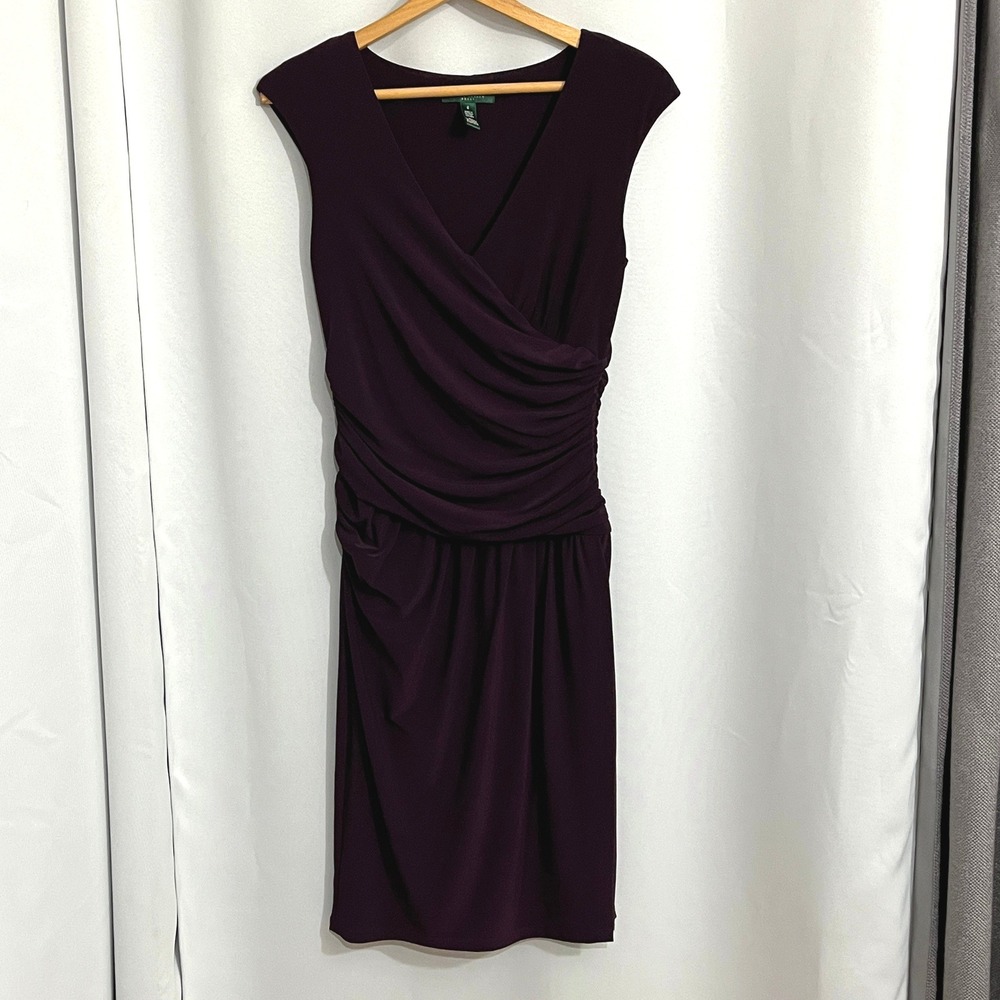 Lauren Ralph Lauren Dress Womens 6 Purple Jersey‎ Ruched Sheath Cocktail Classic